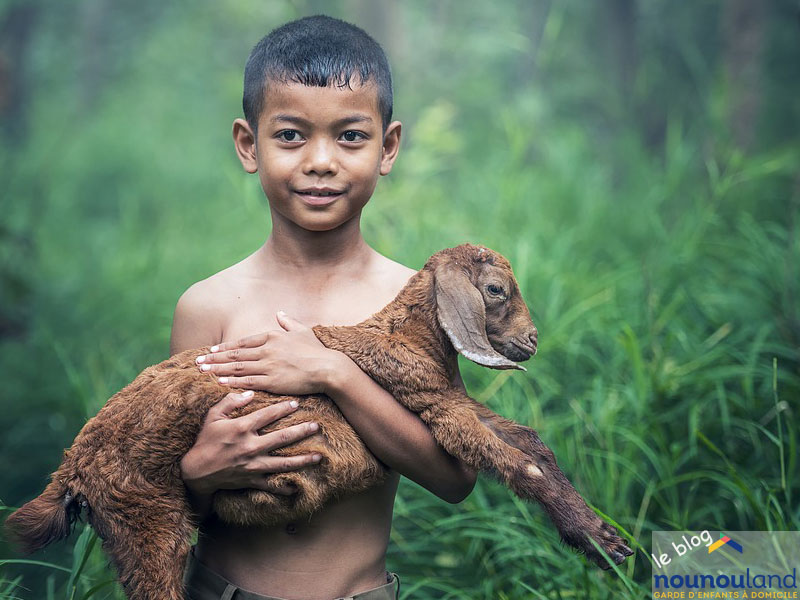 Enfant qui tient une chèvre dans ses bras